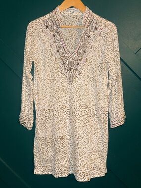 Barbara Gerwit Intricate Beaded Tunic Top Resort Beachy Size S 100% Pure Cotten